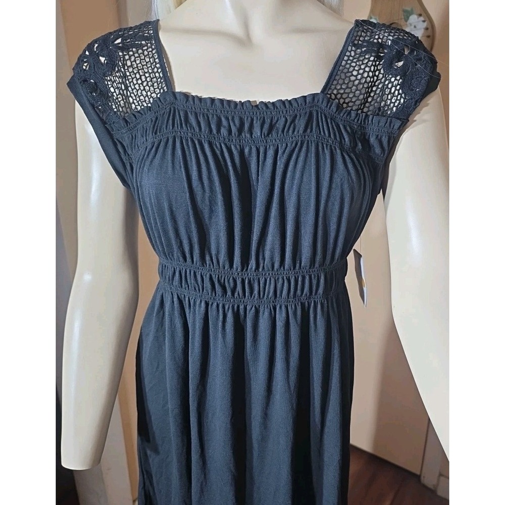ALLISON‎ BRITTNEY Peasant Midi Dress Medium Black Crochet Sleeve NWT